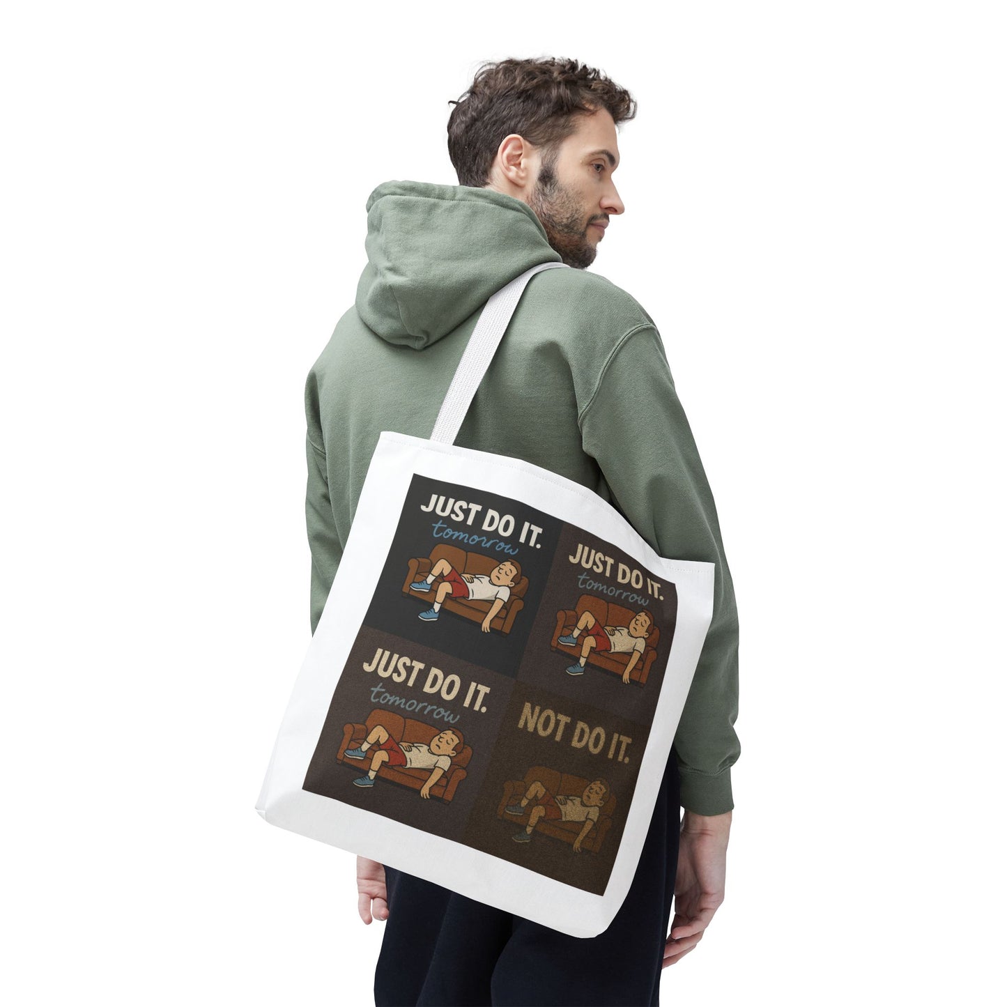 Unique shot of 'Just Do It… Tomorrow' tote bag adding flair to a cozy scene.