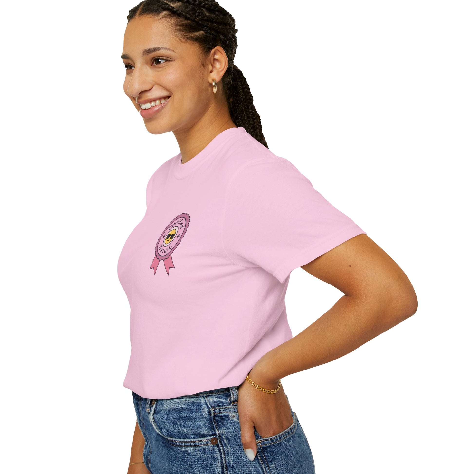 Candid laugh captured while wearing the Certified Delulu Badge Comfort Tee, showcasing its core appeal: cozy, relatable, and amusing.