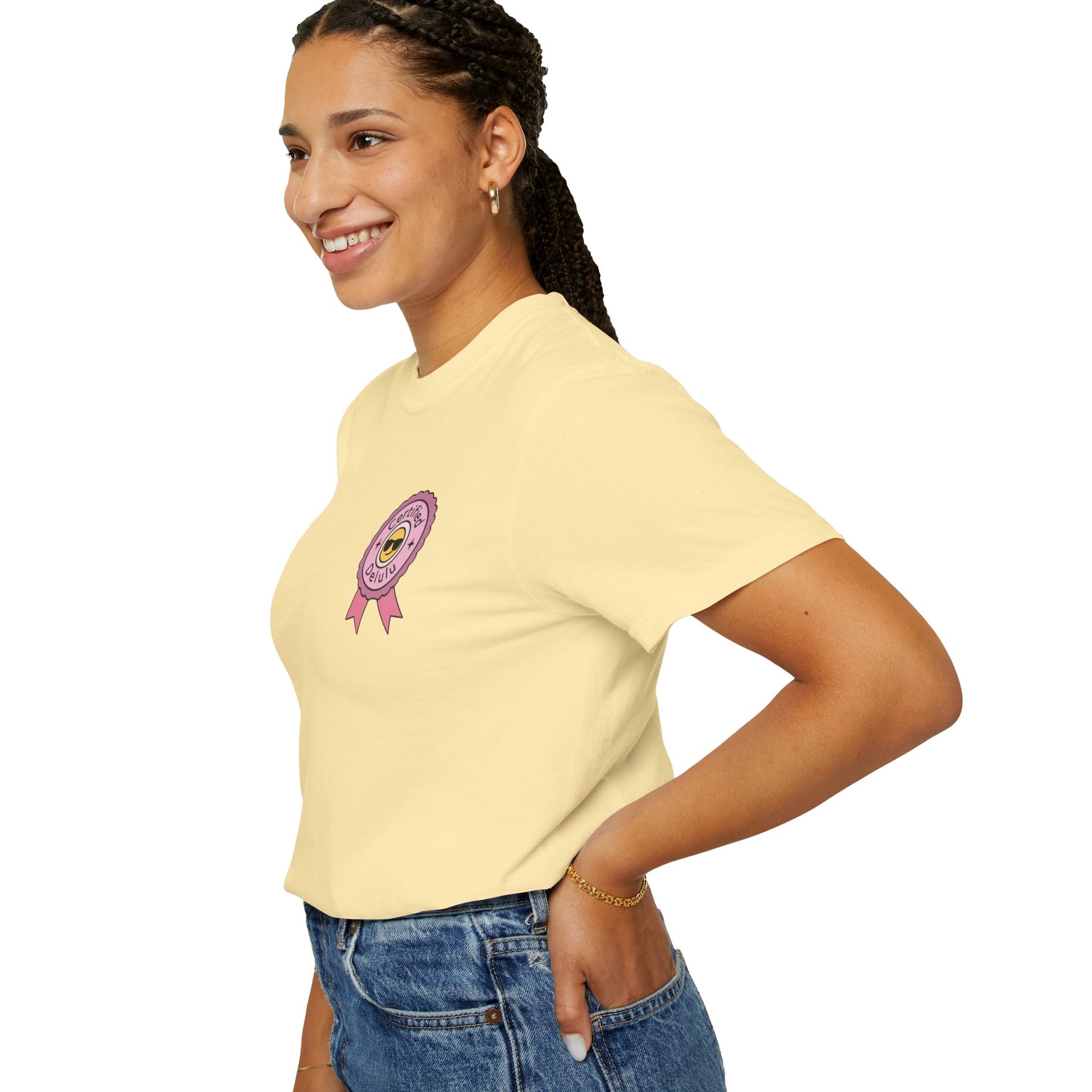 Comedic montage featuring the Certified Delulu Badge Comfort Tee in humorous scenarios for chronic overthinkers and dream manifestors.
