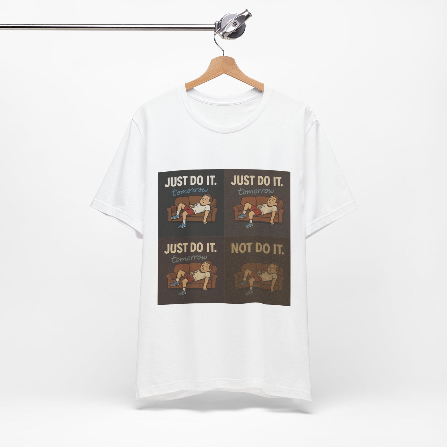 The Just Do It… Tomorrow Meme Tee laid flat, highlighting its unique procrastination meme shirt for relaxed moments.