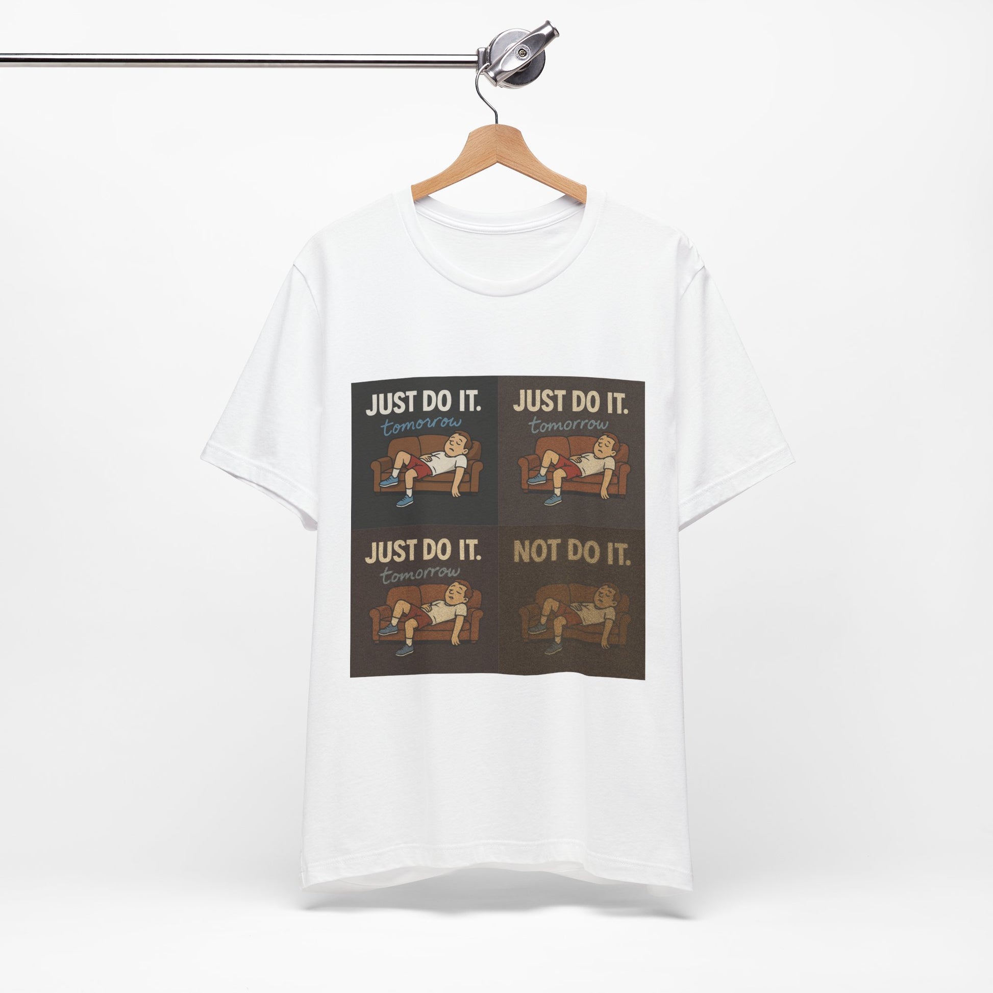 The Just Do It… Tomorrow Meme Tee laid flat, highlighting its unique procrastination meme shirt for relaxed moments.