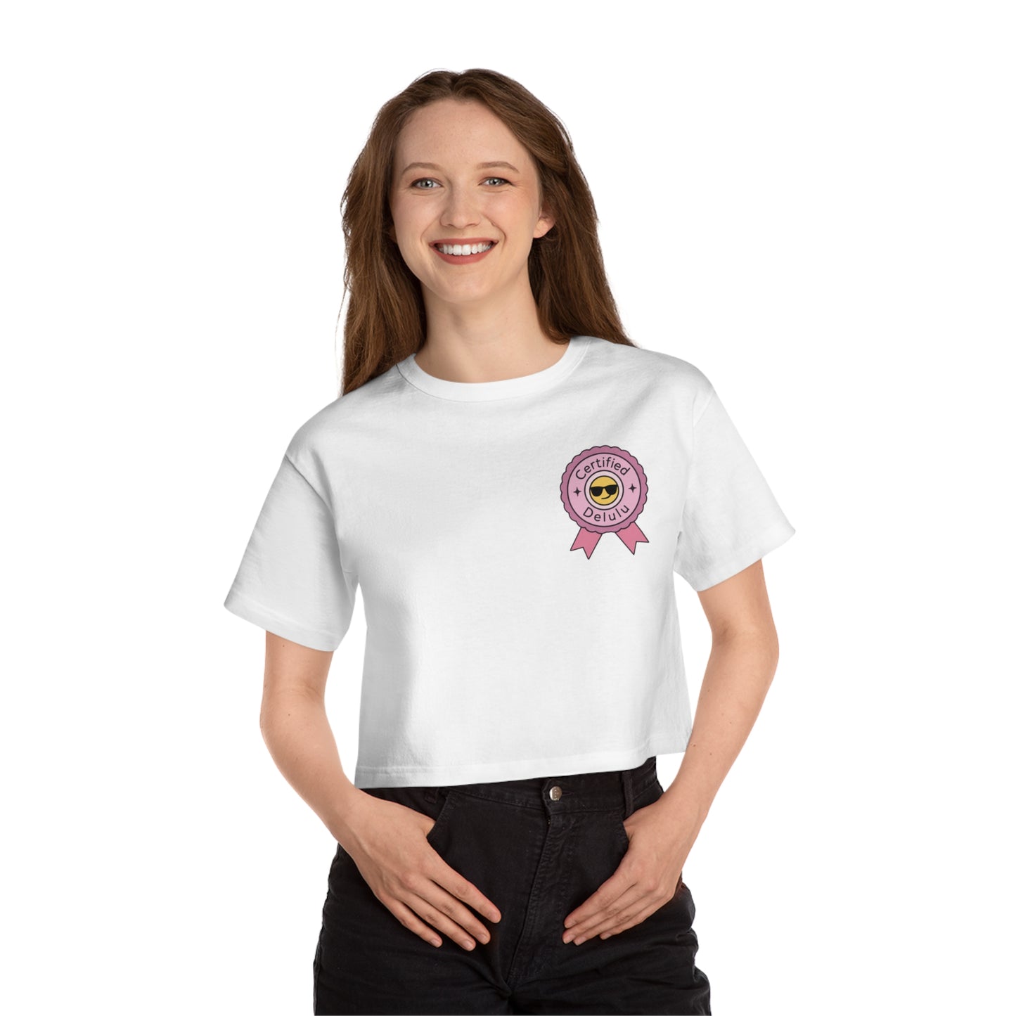 Certified Delulu Cropped Tee (Champion™ Heritage) – Badge of Honor, Belly Out, showcasing a stylish cropped t-shirt for women designed for chaos lovers.