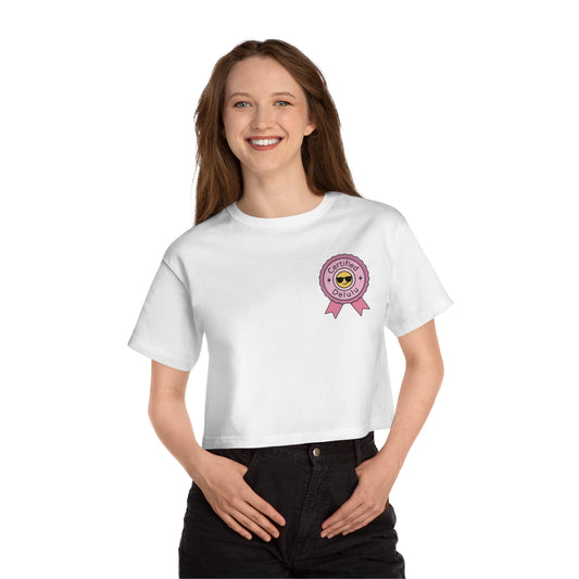 Certified Delulu Cropped Tee (Champion™ Heritage) – Badge of Honor, Belly Out, showcasing a stylish cropped t-shirt for women designed for chaos lovers.