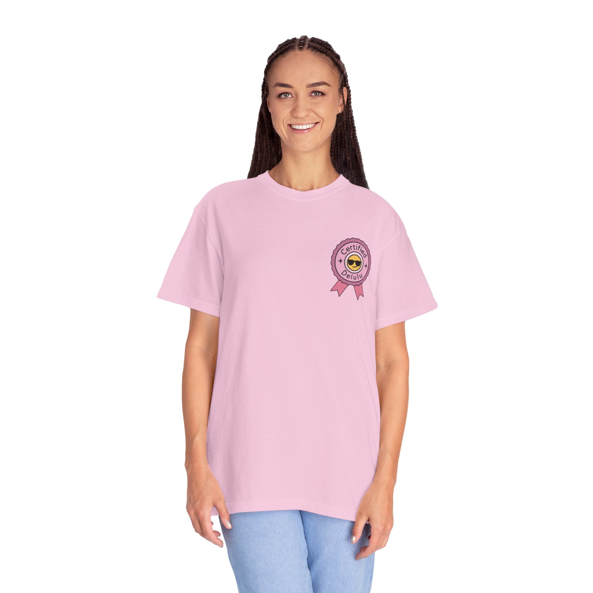 Certified Delulu Badge Comfort Tee displayed in a visual story of life’s whims, perfect for those who live in playful delusions.