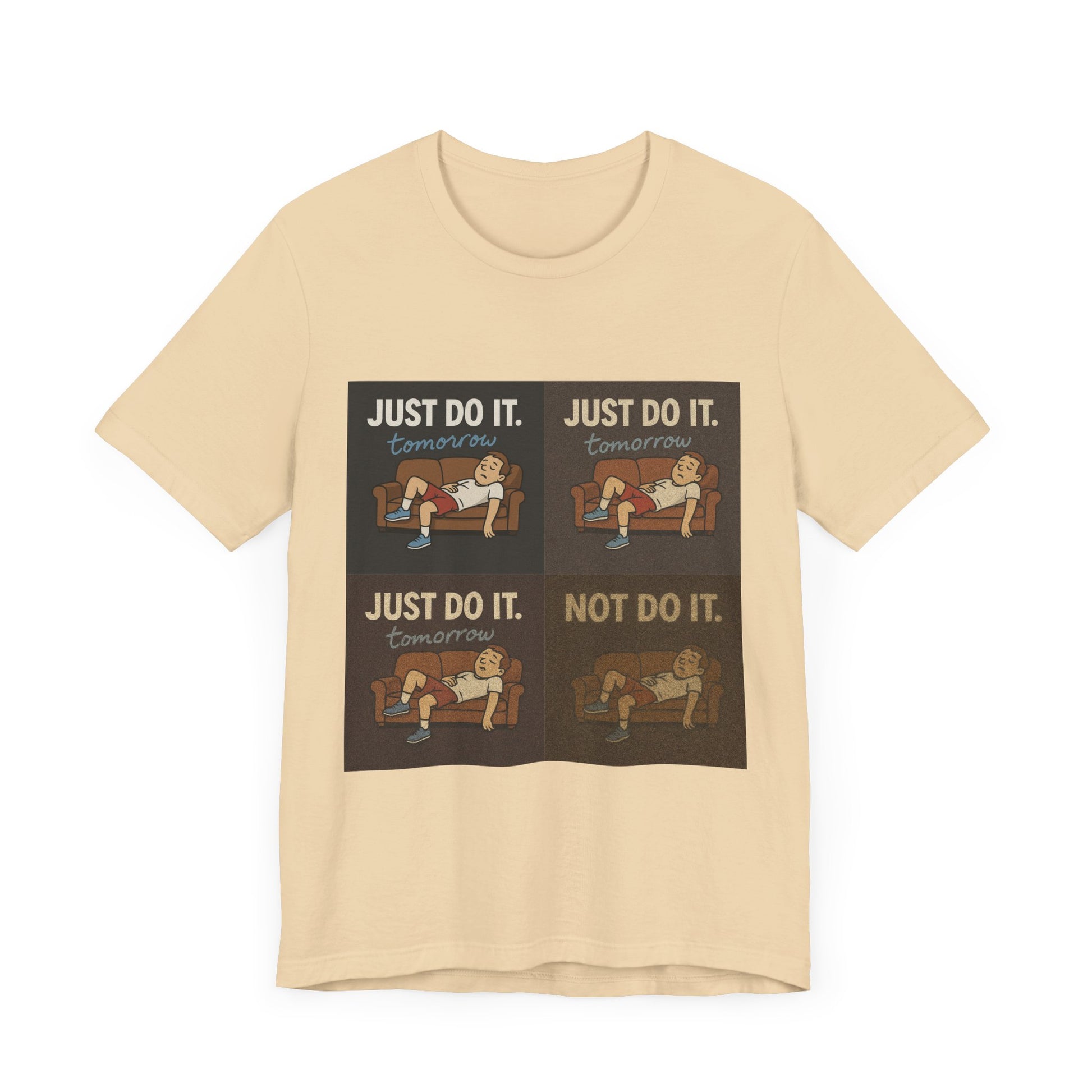 Fun image of the Just Do It… Tomorrow Meme Tee paired with comfy pants, a great choice for procrastination meme shirt lovers.