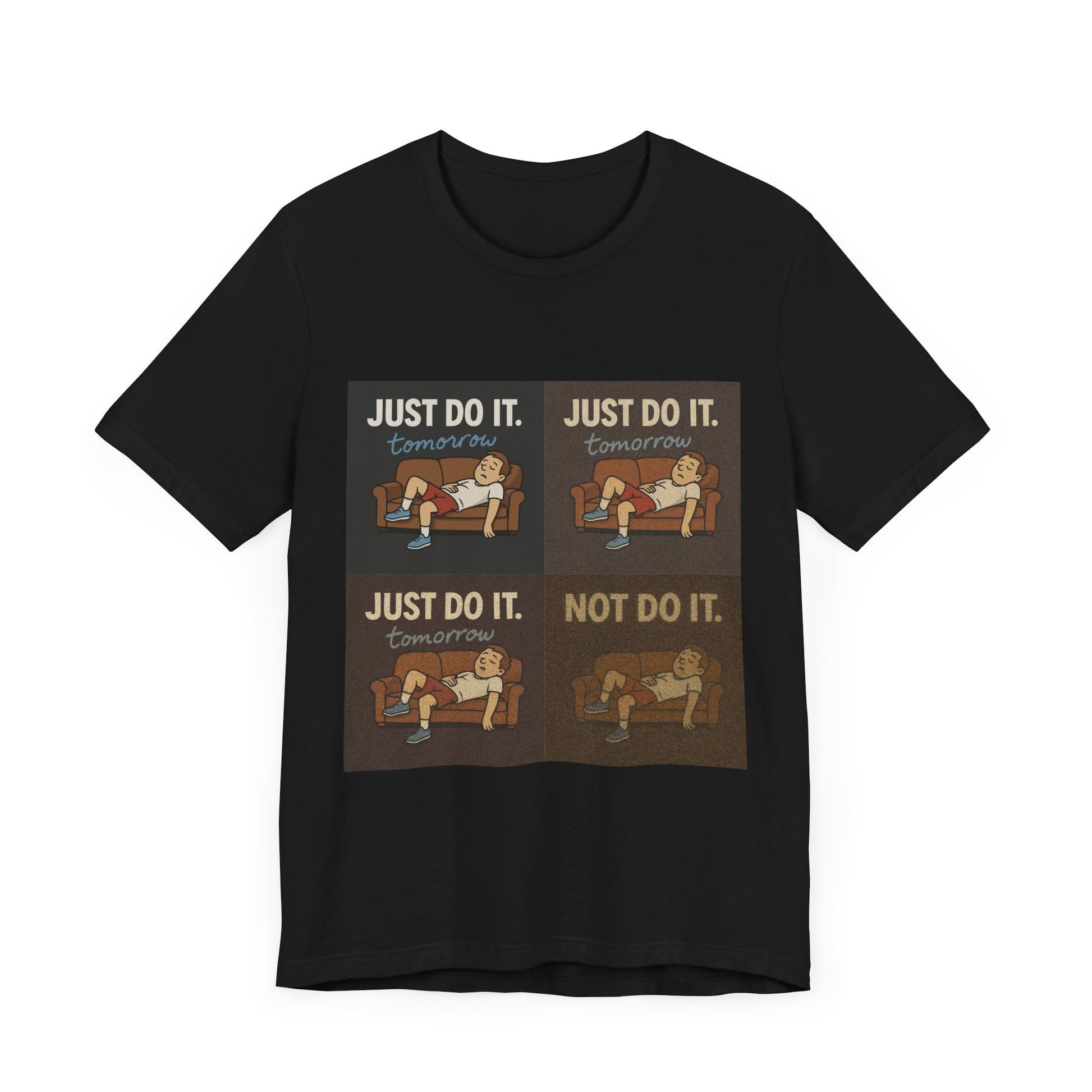 Dynamic shot of the Just Do It… Tomorrow Meme Tee worn while lounging, ideal for procrastination meme shirt fans.