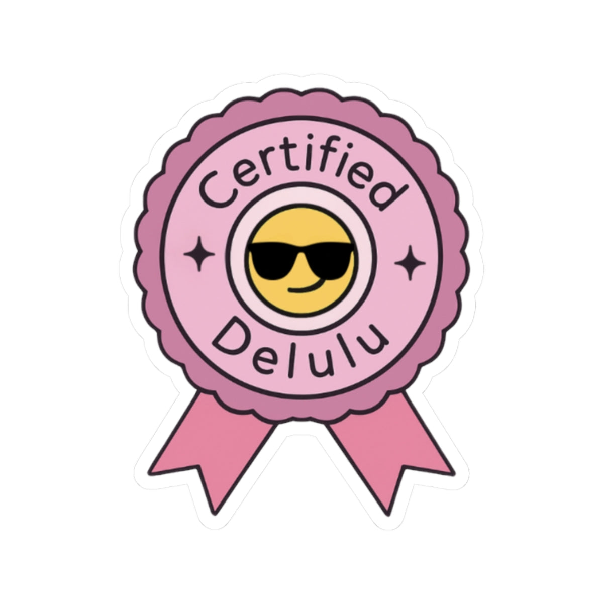 Close-up of the glossy finish of the Certified Delulu Vinyl Sticker, adding a touch of chaotic optimism to your collection of aesthetic vinyl stickers.