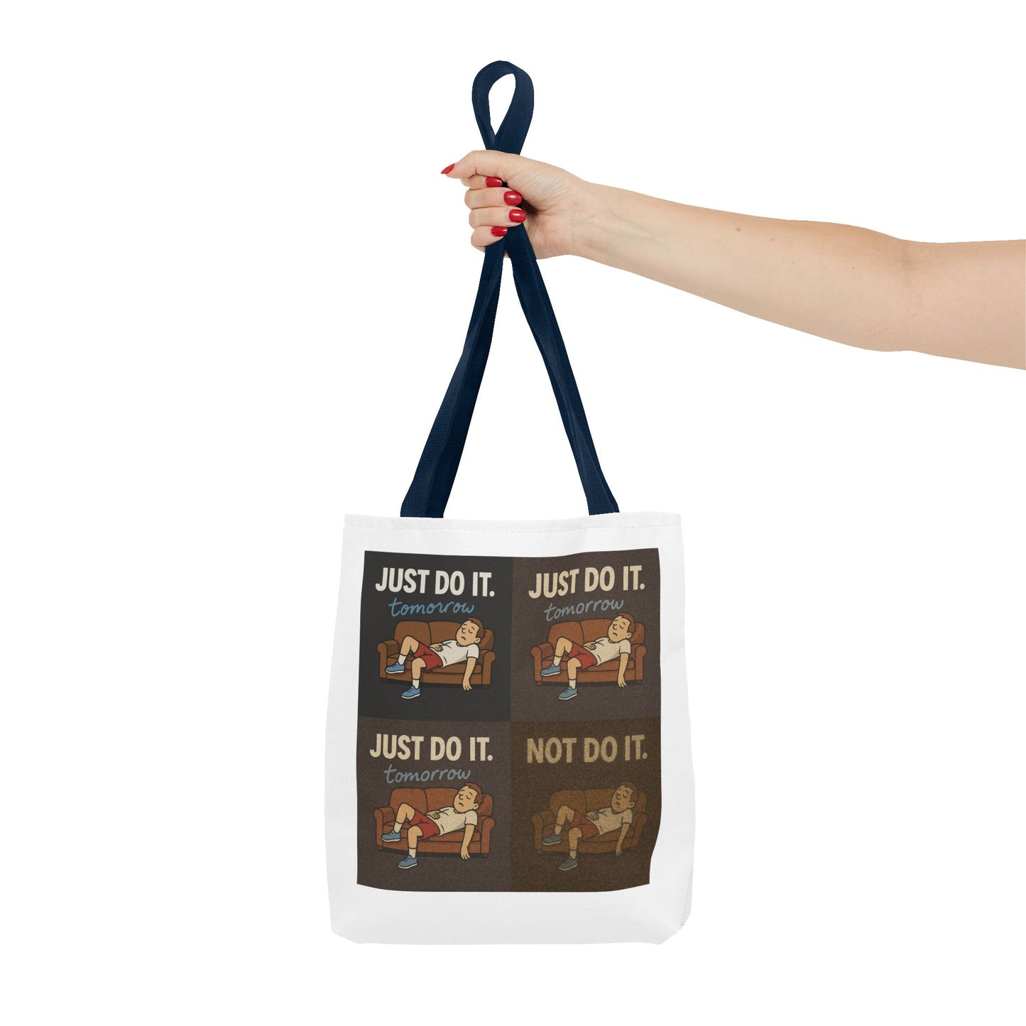 Slouchy environment with 'Just Do It… Tomorrow' tote bag beside lounging accessories.