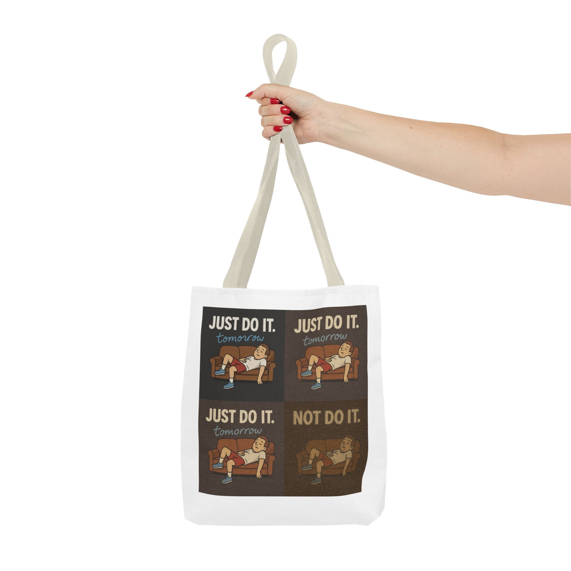 Captivating angle of 'Just Do It… Tomorrow' tote bag highlighting its fun design.