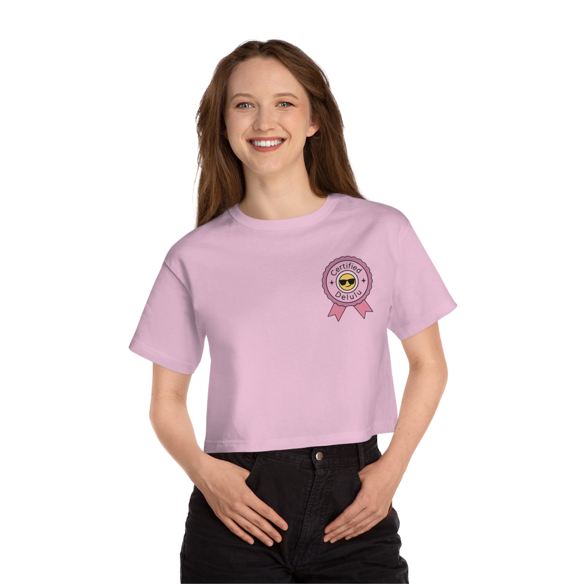 Certified Delulu Cropped Tee (Champion™ Heritage) displayed on a hanger – the ultimate cropped t-shirt for women that embraces emotional instability with style.