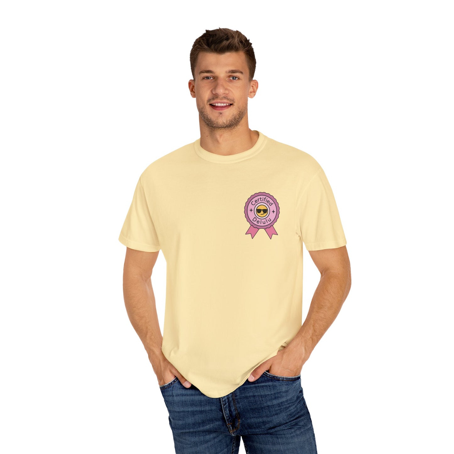 Close-up on the high-quality fabric of the Certified Delulu Badge Comfort Tee, reminding you to wear your delusions with pride!