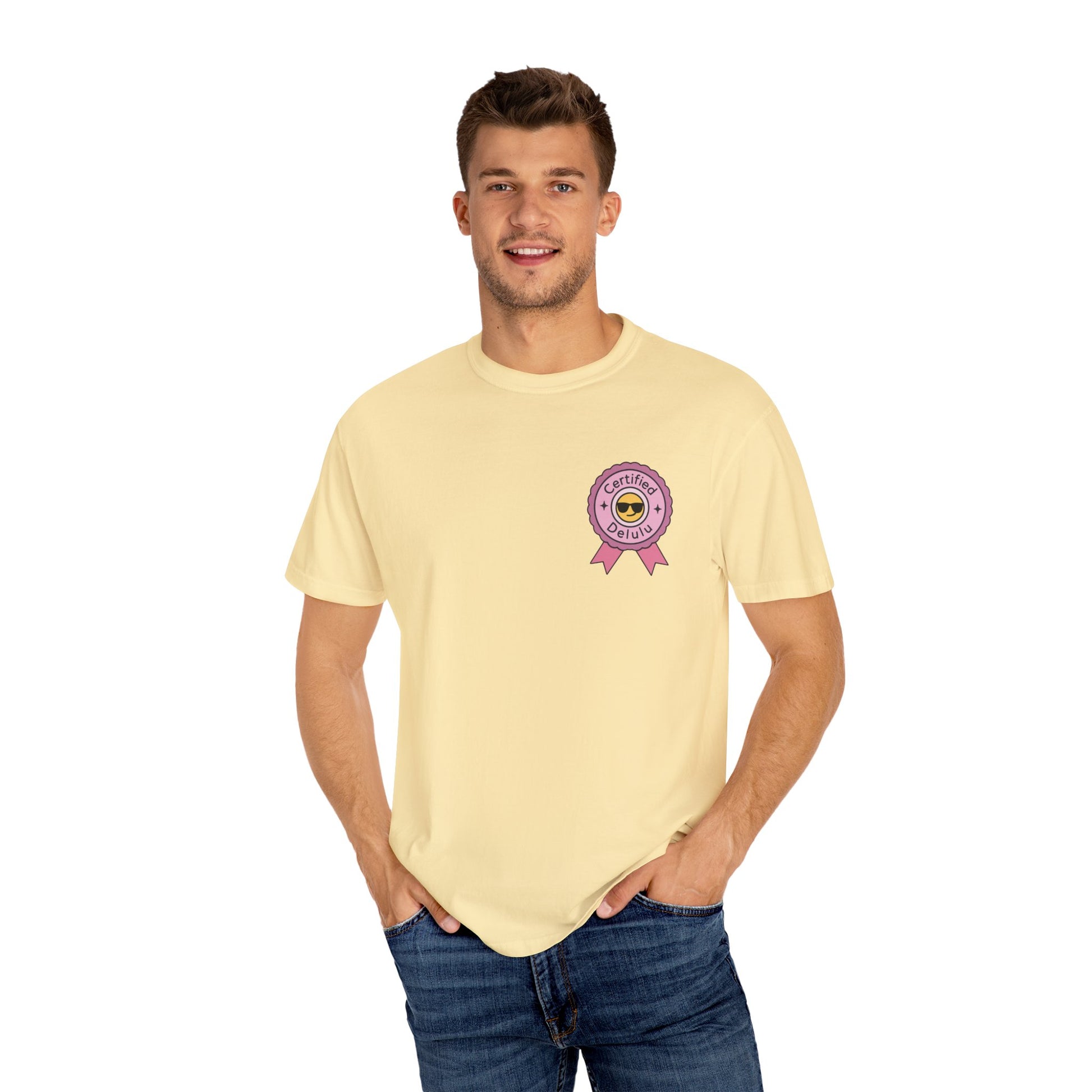 Close-up on the high-quality fabric of the Certified Delulu Badge Comfort Tee, reminding you to wear your delusions with pride!