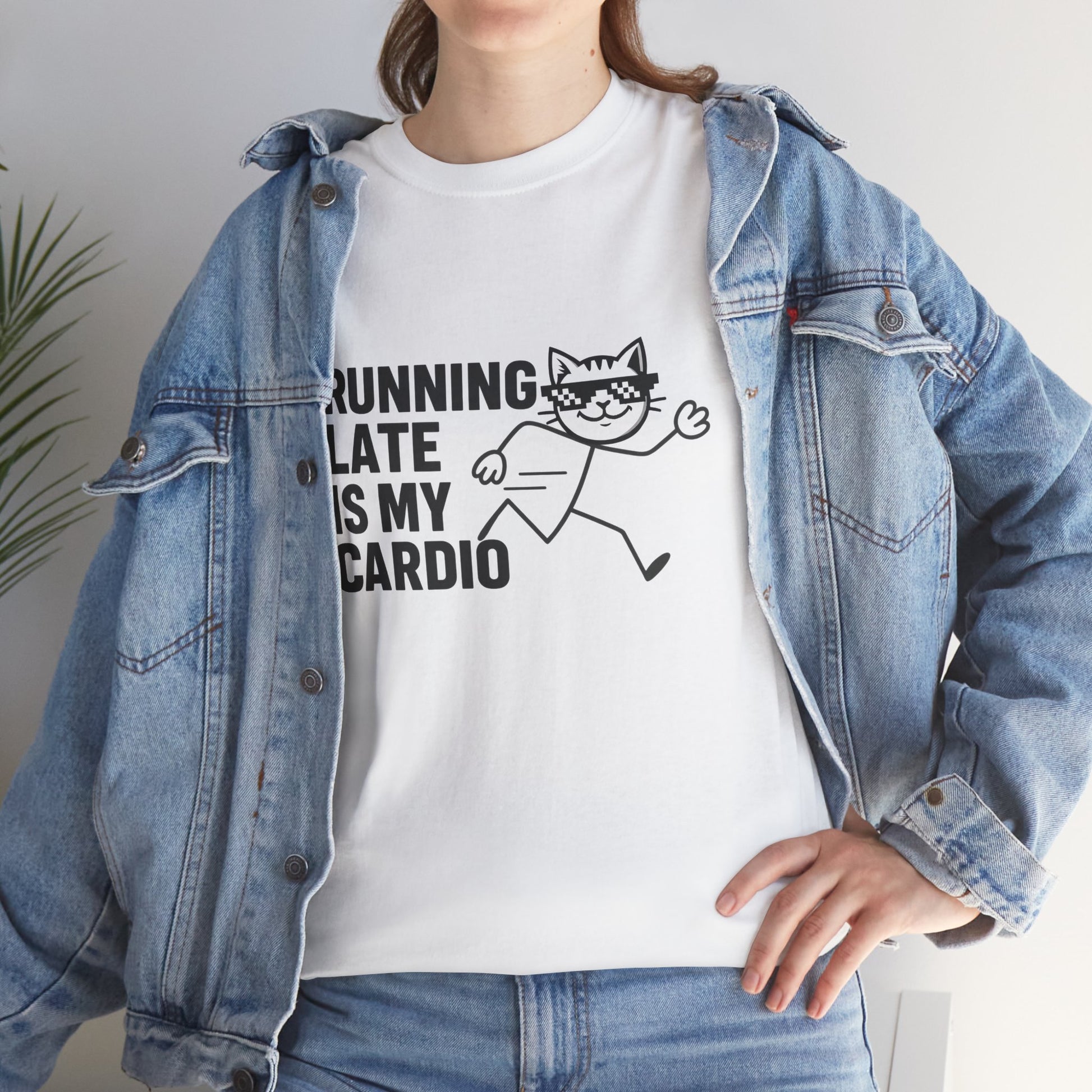 Limited-edition black Running Late Club funny graphic t-shirt for introverts, featuring chaotic cat meme.