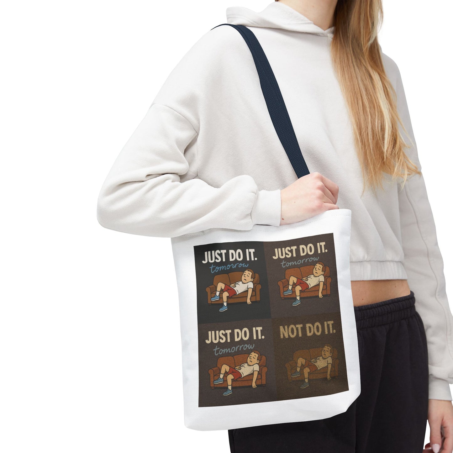 Fresh look at the 'Just Do It… Tomorrow' tote bag among creative chaos.