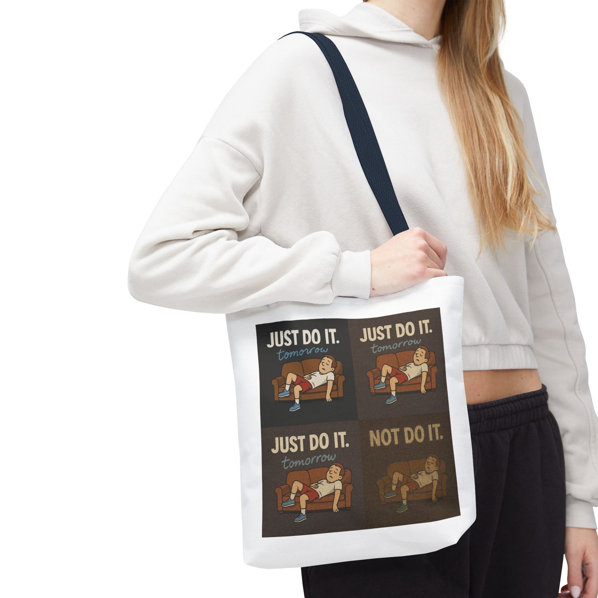 Fresh look at the 'Just Do It… Tomorrow' tote bag among creative chaos.