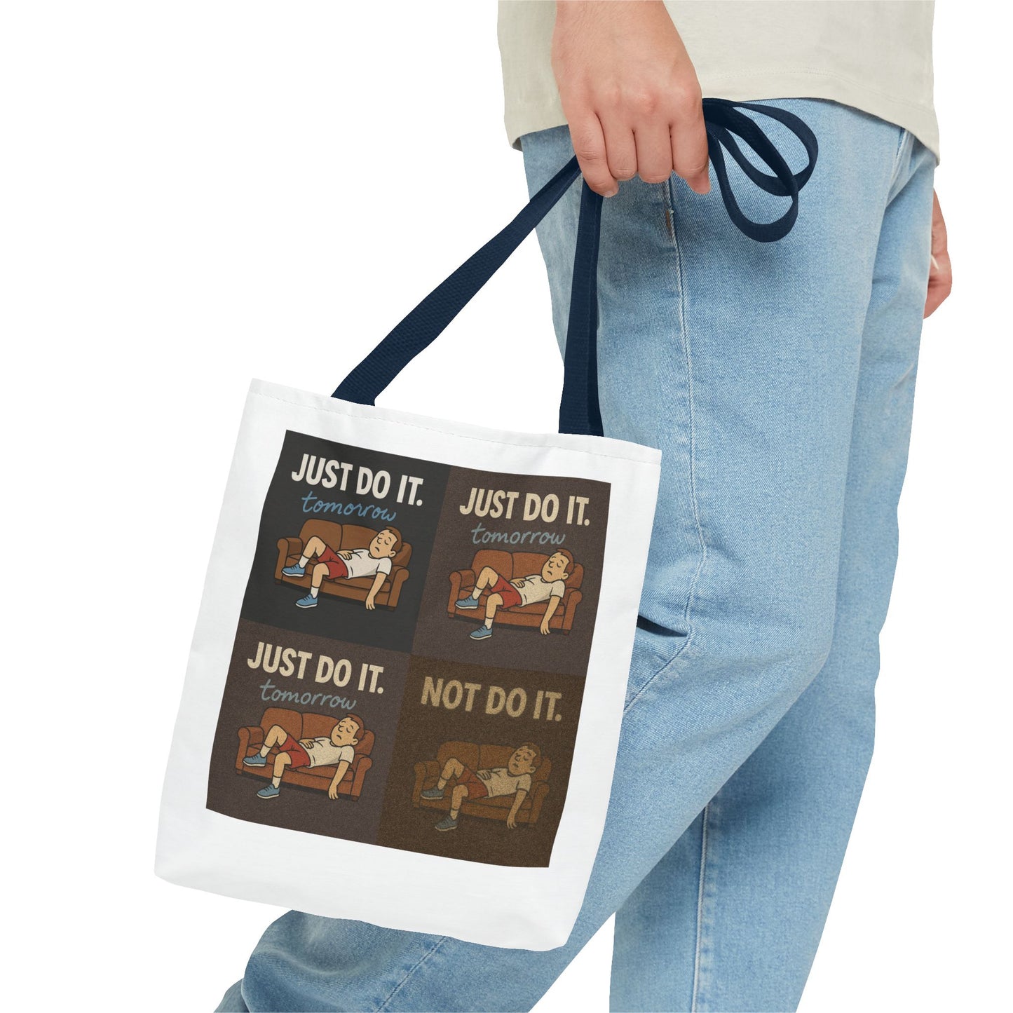 Quirky shot with 'Just Do It… Tomorrow' tote bag taking center stage.