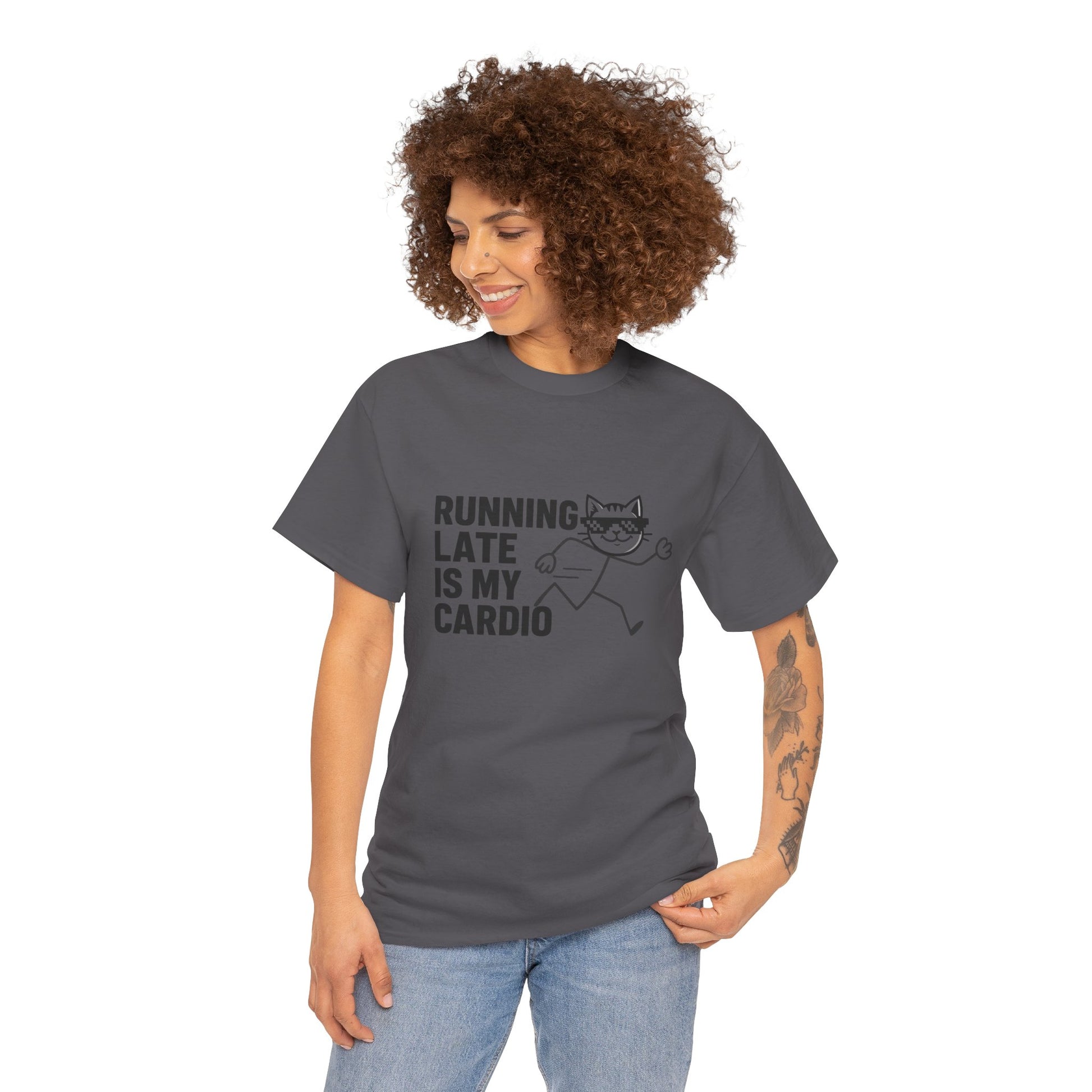 Proudly showcasing the iconic chaos cat on this funny graphic t-shirt - the Running Late Club Tee for panic enthusiasts.