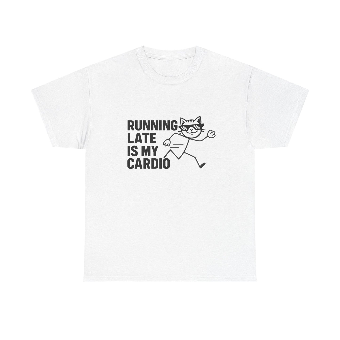 Funny graphic t-shirts – Running Late Club Tee with iconic chaos cat design making time management fun.