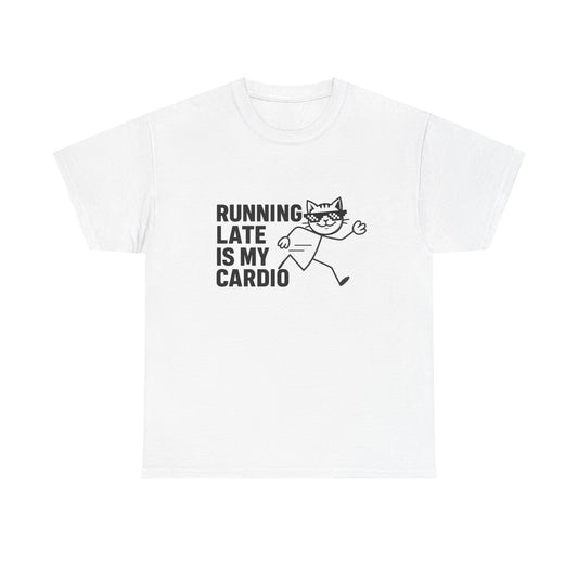 Funny graphic t-shirts – Running Late Club Tee with iconic chaos cat design making time management fun.