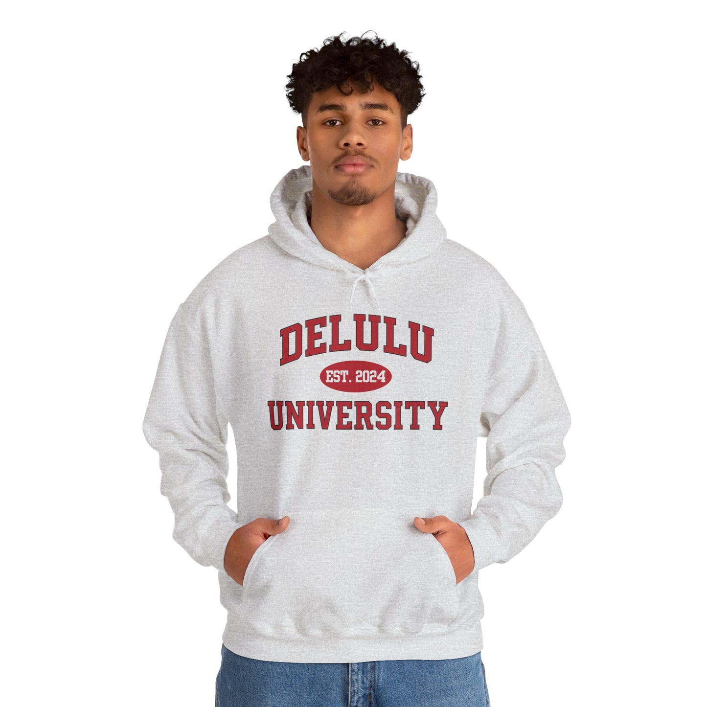 Delulu University Hoodie – Enroll in Chaos, Graduate in Vibes, a humorous college hoodie for late-night breakdowns and award speech rehearsals.