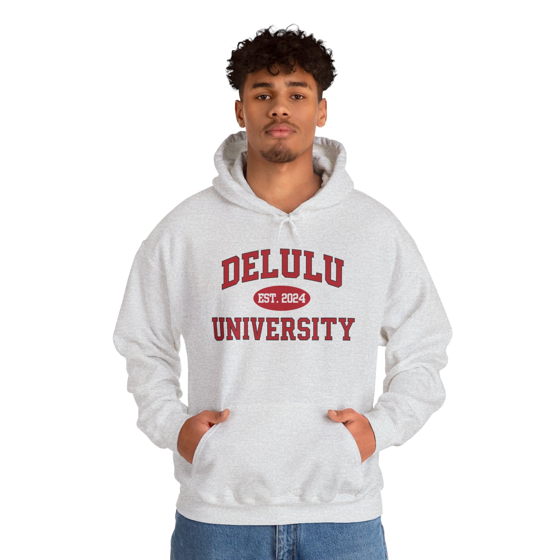 Delulu University Hoodie – Enroll in Chaos, Graduate in Vibes, a humorous college hoodie for late-night breakdowns and award speech rehearsals.