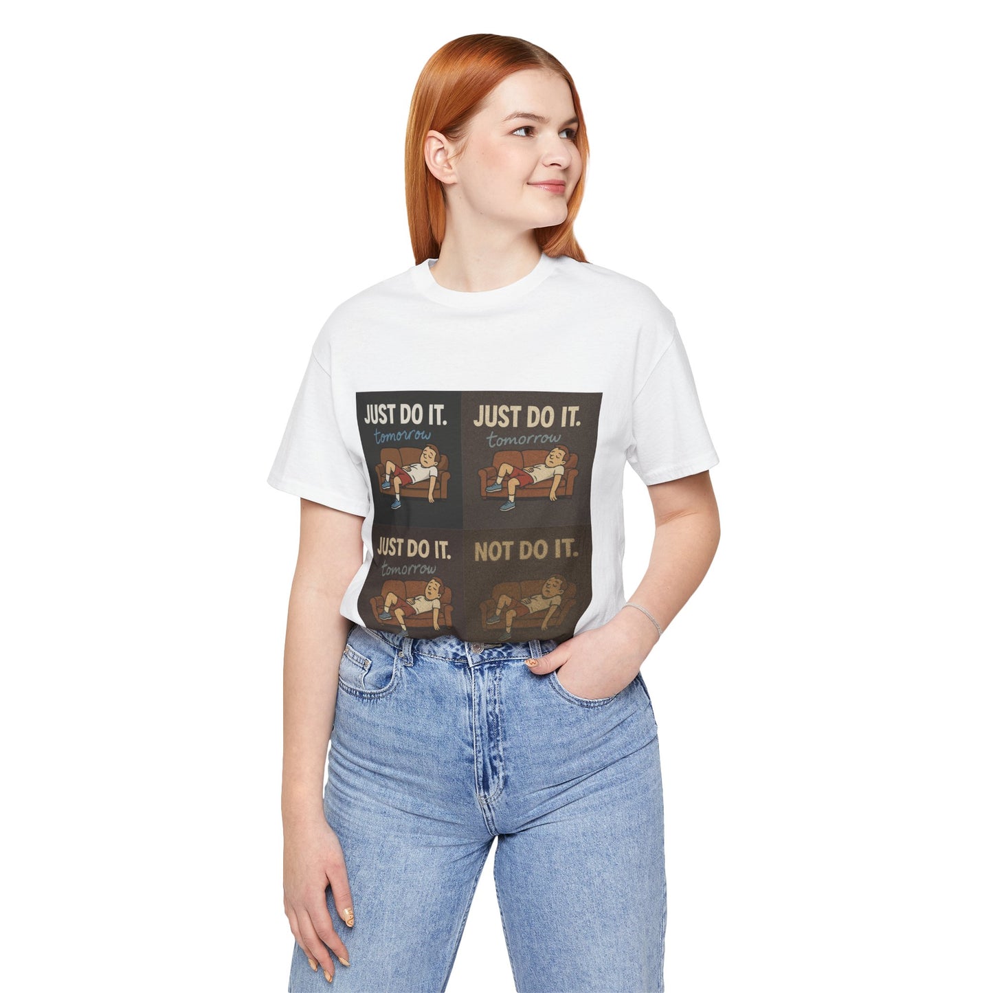The Just Do It… Tomorrow Meme Tee with accessories, an essential procrastination meme shirt for fun-loving individuals.