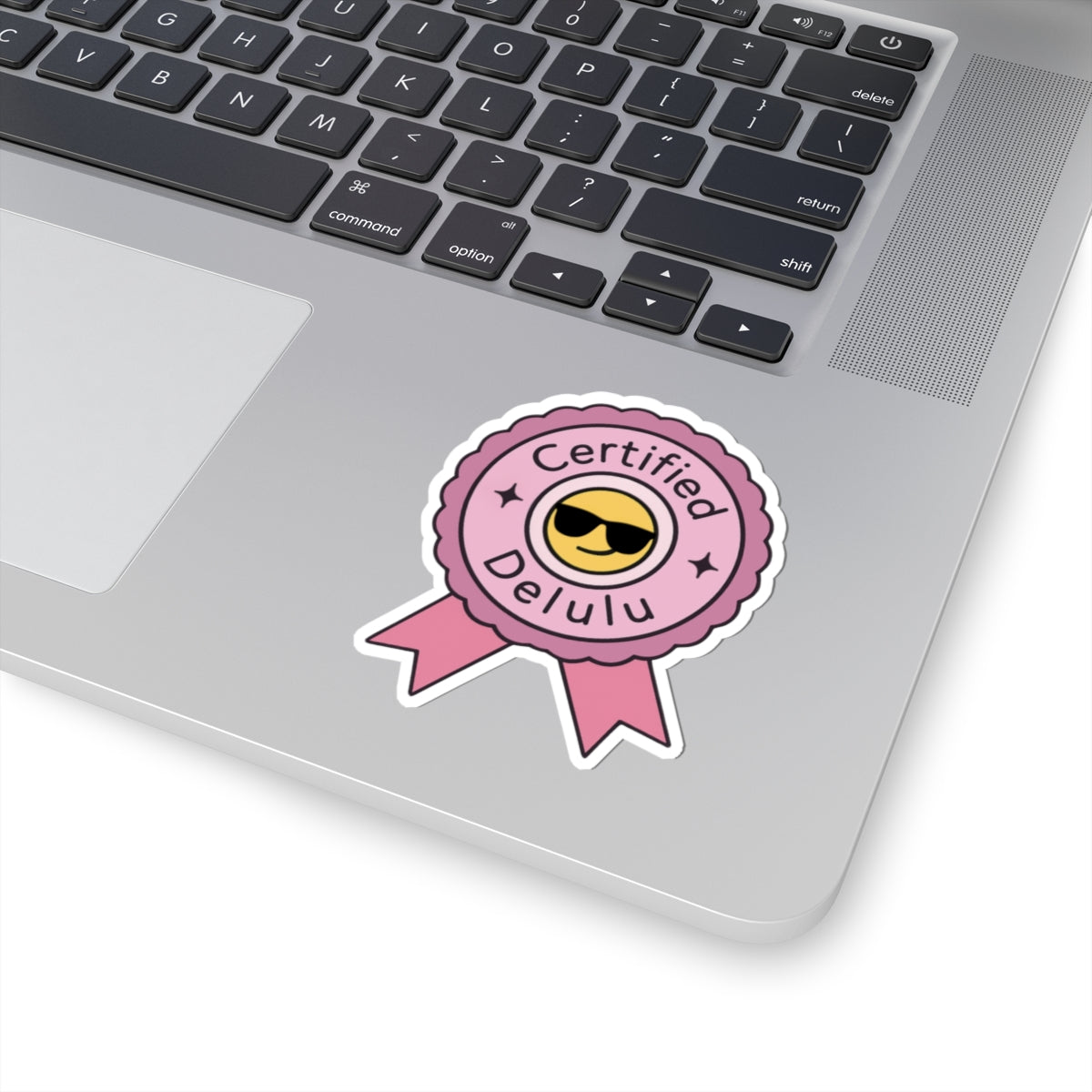 The Certified Delulu Vinyl Sticker applied to a laptop, showcasing how this aesthetic vinyl sticker brightens any surface with humor and style.