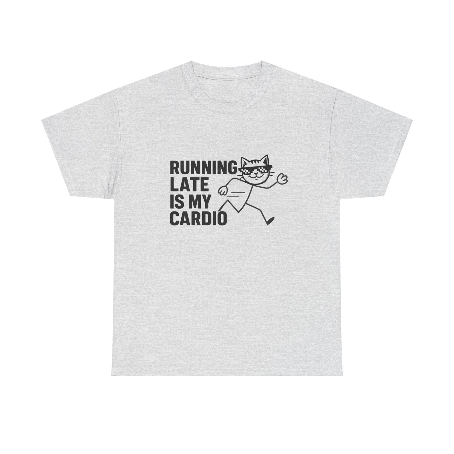 Spice up your wardrobe with this funny graphic t-shirt featuring the Running Late Club Tee and a mischievous cat.