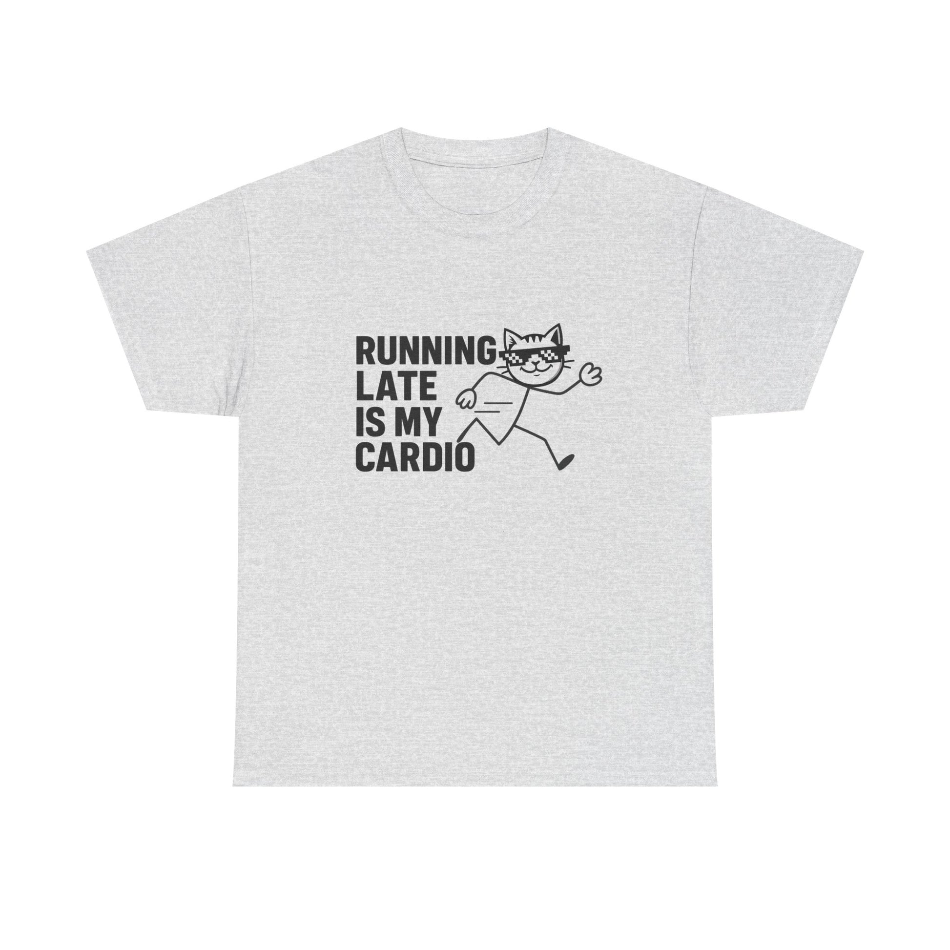 Spice up your wardrobe with this funny graphic t-shirt featuring the Running Late Club Tee and a mischievous cat.