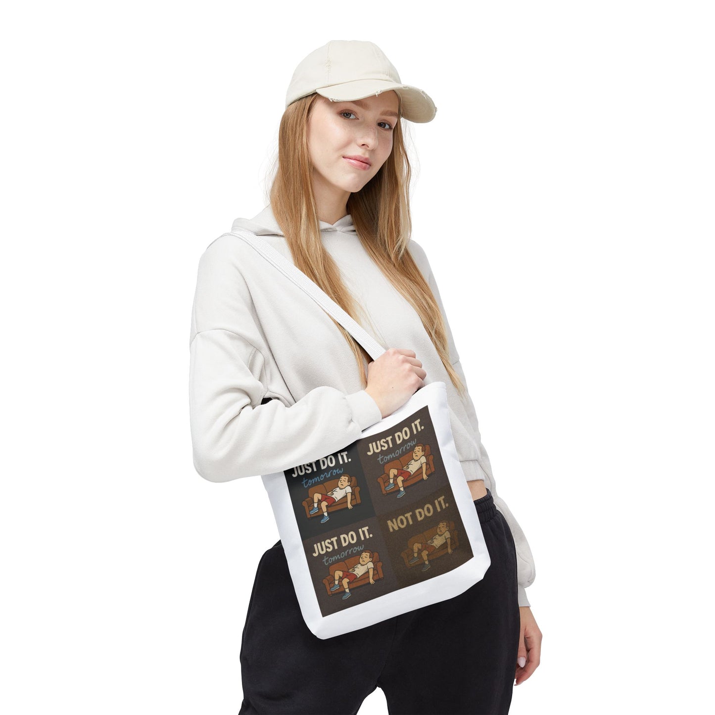 Chic look at 'Just Do It… Tomorrow' tote bag with artistic elements.