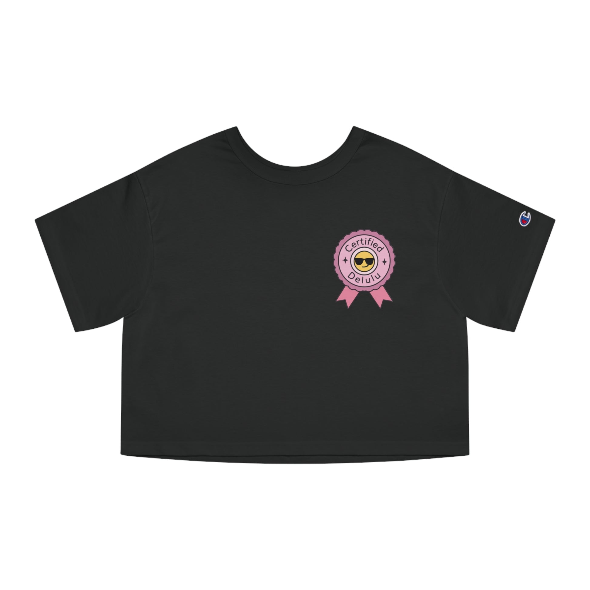Front view of the Certified Delulu Cropped Tee (Champion™ Heritage) – a humorous cropped t-shirt for women featuring the iconic Champion 'C' logo.