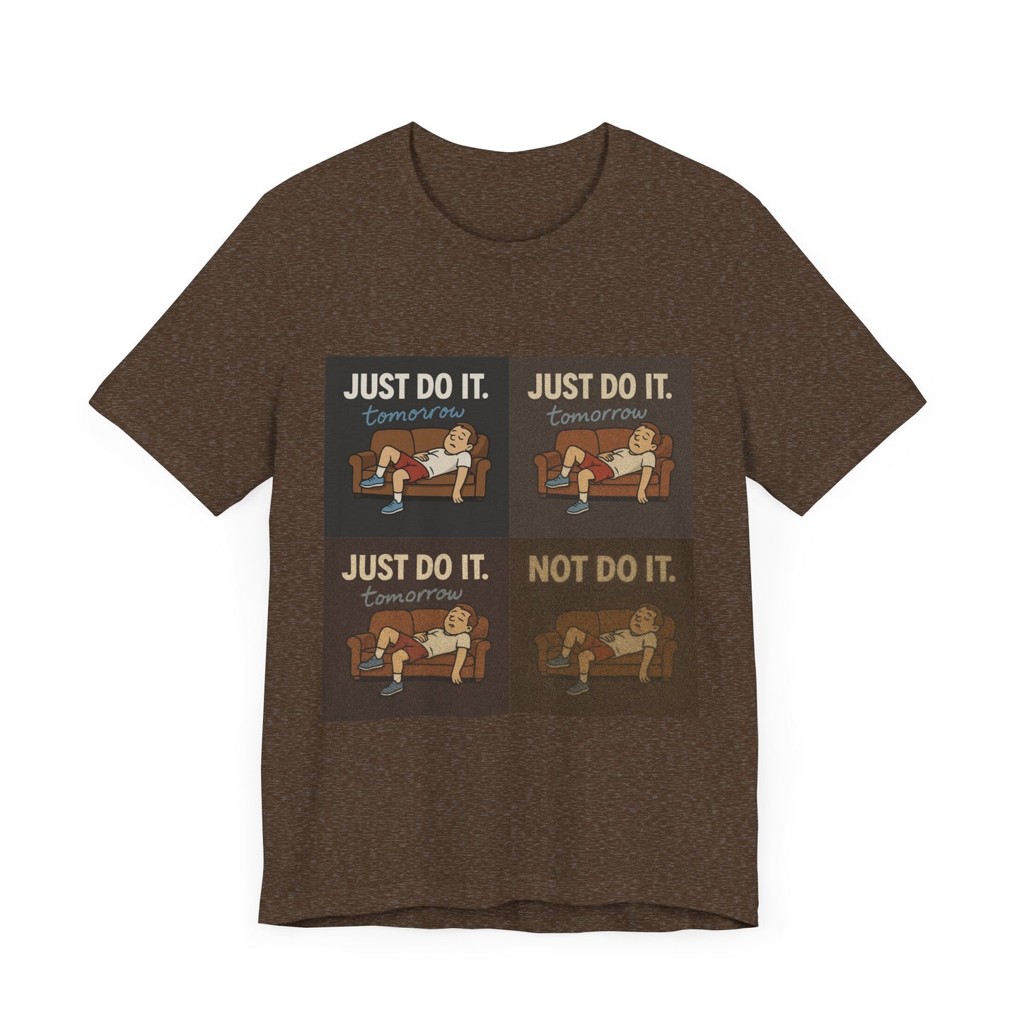 Just Do It… Tomorrow Meme Tee presented alongside fun props, perfect for celebrating the procrastination meme shirt lifestyle.