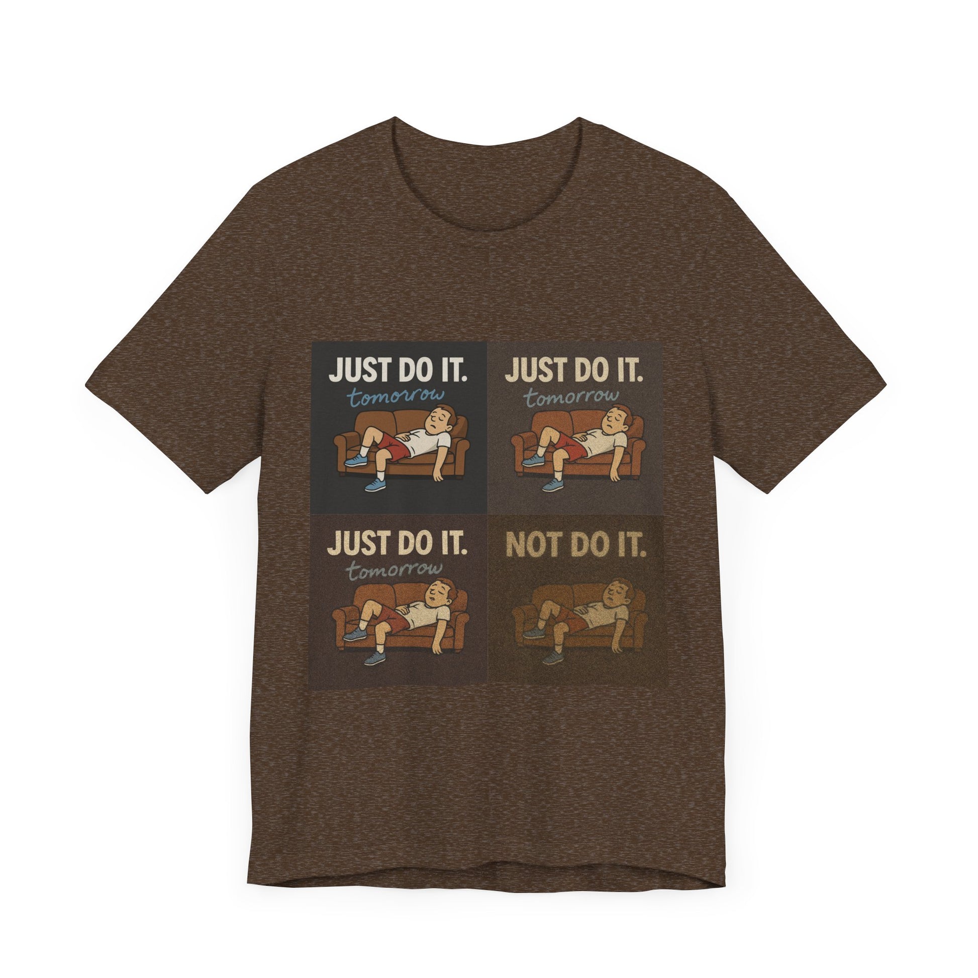Just Do It… Tomorrow Meme Tee presented alongside fun props, perfect for celebrating the procrastination meme shirt lifestyle.