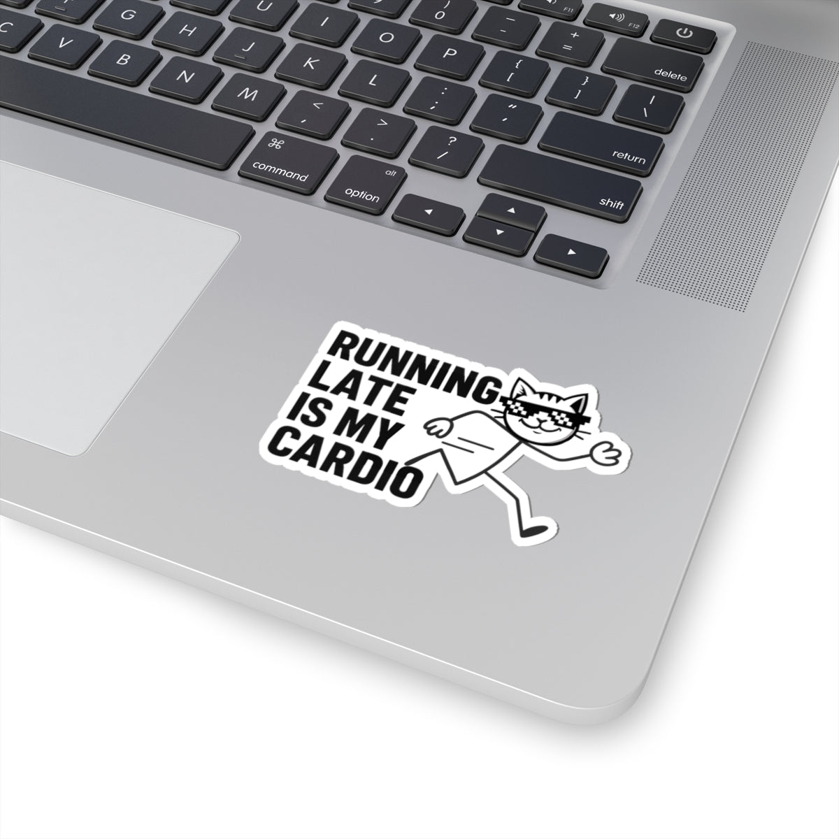 Charming funny cat sticker displaying an adorable cat with glasses and the caption 'Running Late Is My Cardio', a must-have for cat lovers.