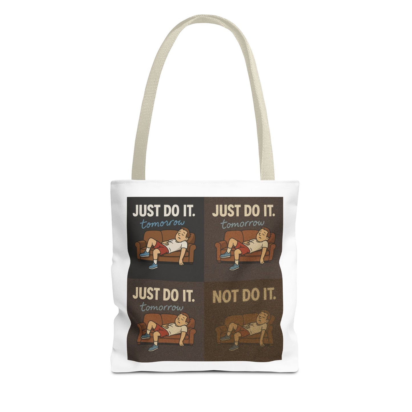 Flat lay of 'Just Do It… Tomorrow' tote bag next to snacks and a to-do list.
