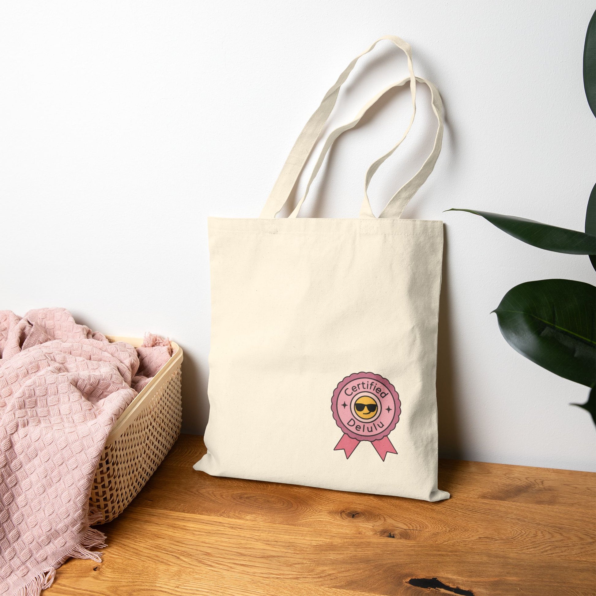 Certified Delulu Canvas Tote Bag – Carry Chaos, Casually: Displaying the tote in action, this canvas tote bag is the ideal companion for chaotic creatives everywhere.