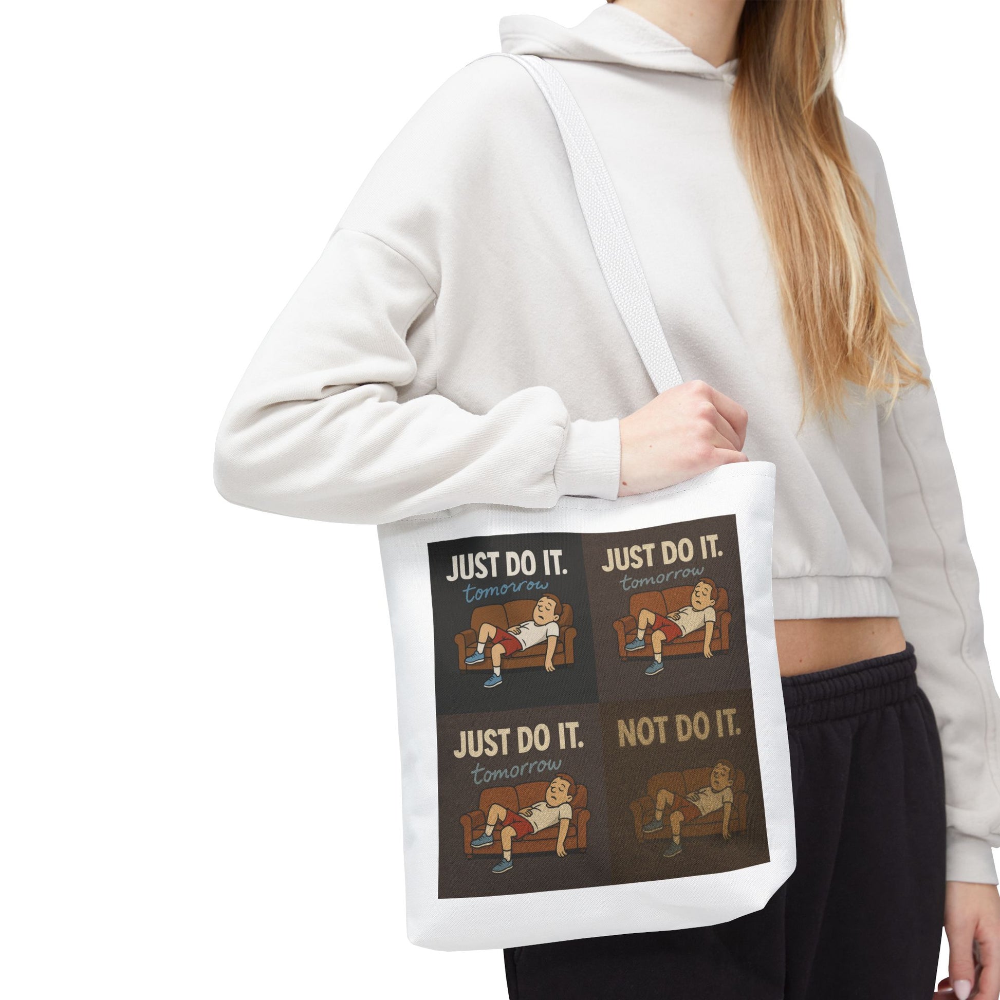Social scene with 'Just Do It… Tomorrow' tote bag lingering at a café table.
