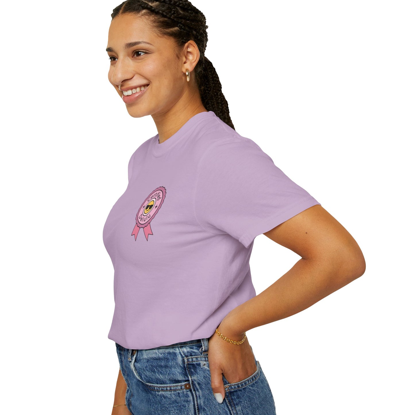 Artistic angle of the Certified Delulu Badge Comfort Tee draped stylishly, embodying the humor and charm of the emotional support uniform.