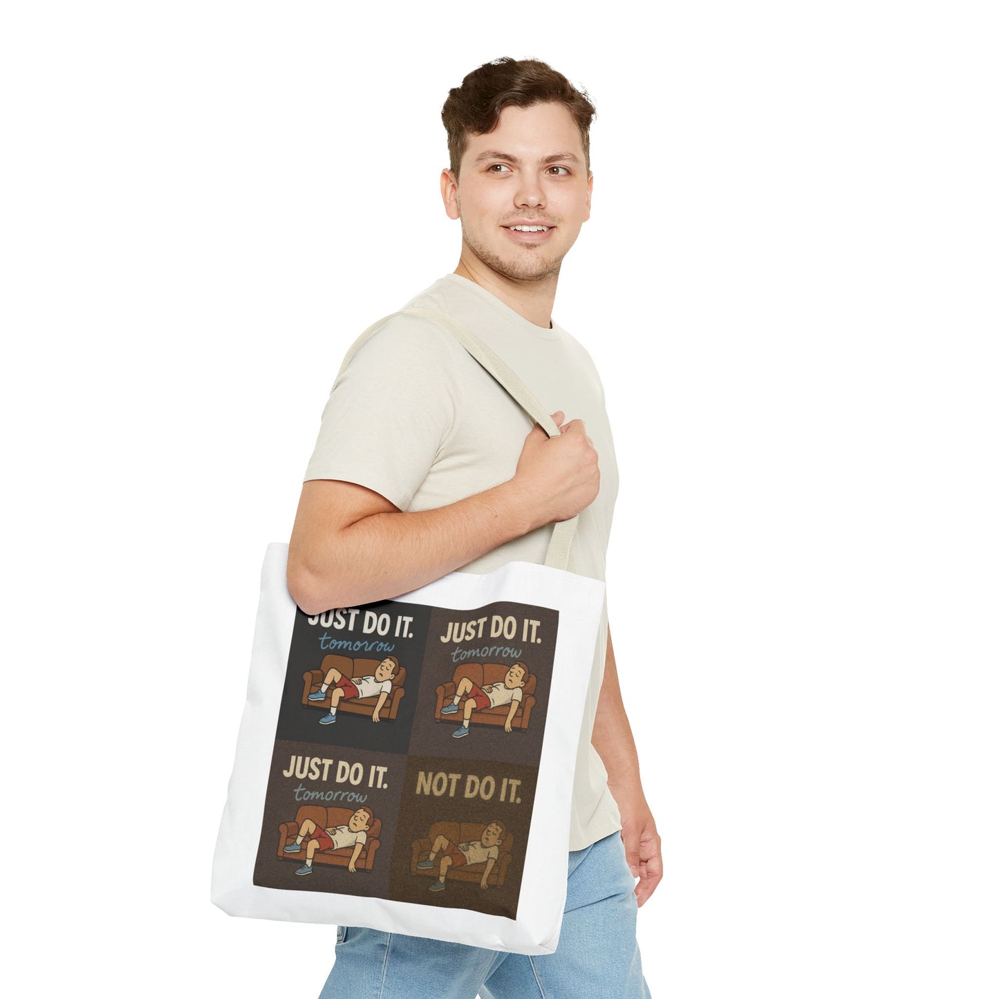 Charming detail of 'Just Do It… Tomorrow' tote bag paired with a soft drink.