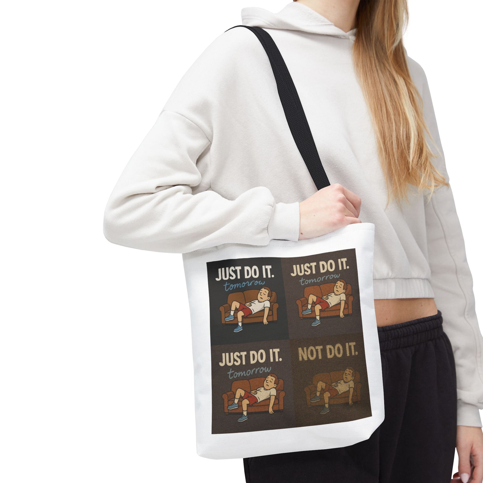 Aesthetic vibe with 'Just Do It… Tomorrow' tote bag, perfect for lazy days.