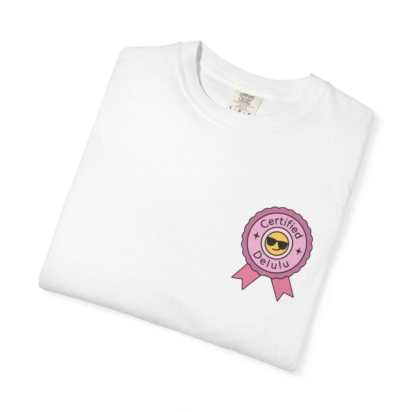 Two friends wearing the Certified Delulu Badge Comfort Tee, laughing and embodying their unhinged selves, showcasing the tee’s relaxed unisex fit.
