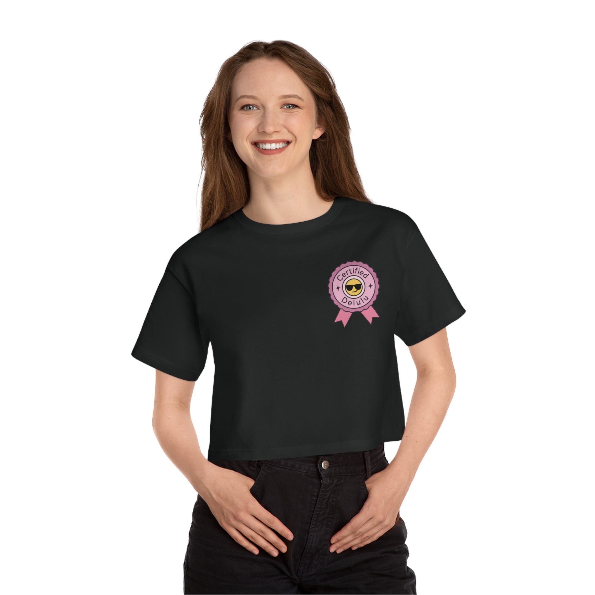 Lifestyle shot of the Certified Delulu Cropped Tee (Champion™ Heritage) – an essential cropped t-shirt for women, ideal for main character energy and softcore chaos.