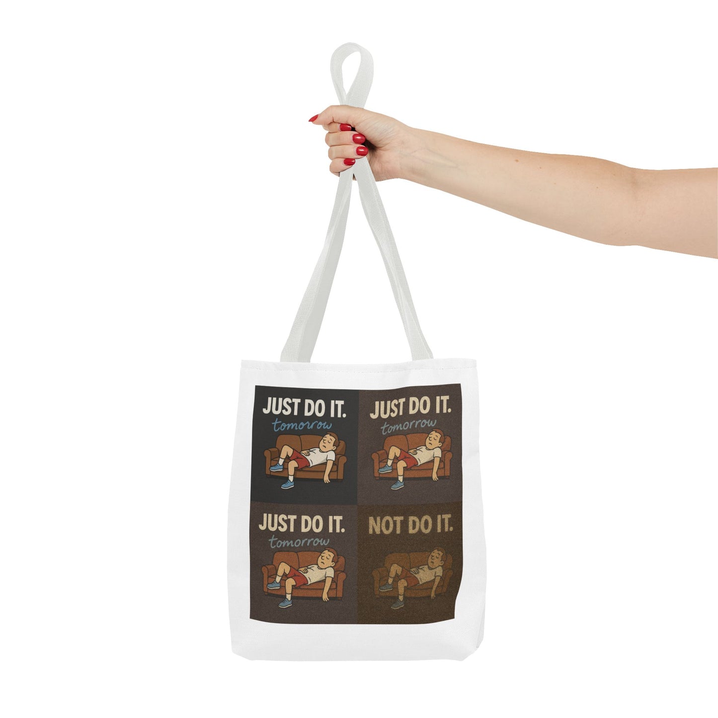 Offbeat perspective of 'Just Do It… Tomorrow' tote bag resting on a picnic blanket.