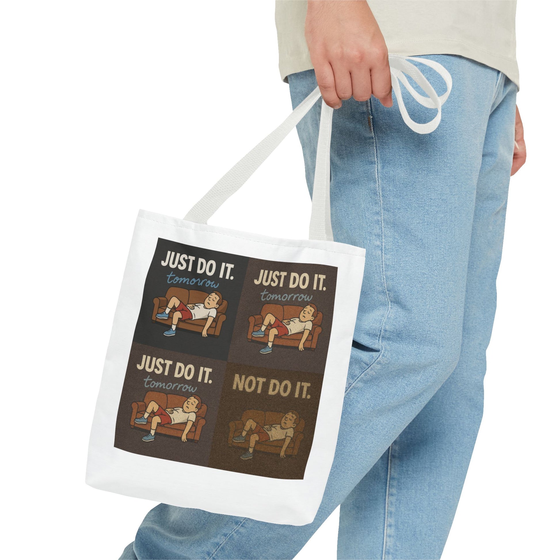 Casually draped 'Just Do It… Tomorrow' tote bag on a garden chair.