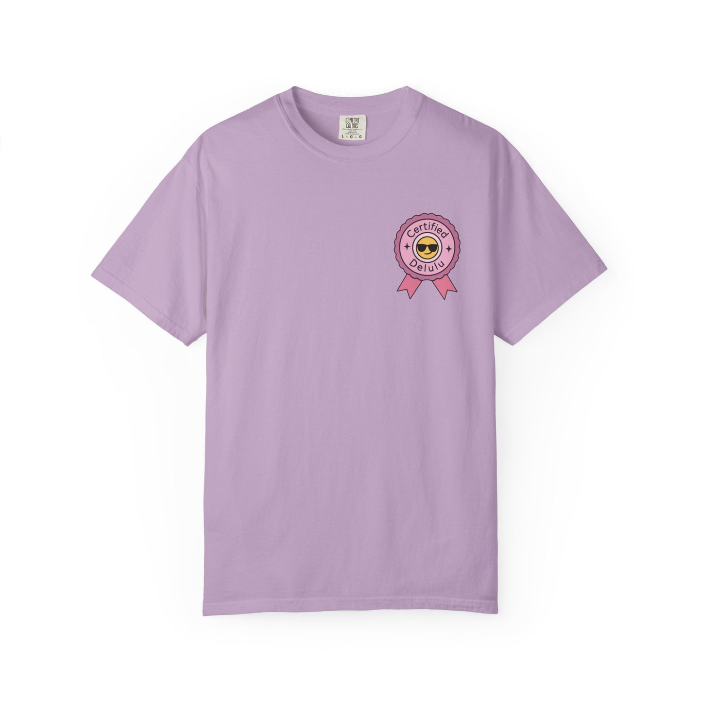 Side view of the Certified Delulu Badge Comfort Tee, emphasizing the seamless shoulders and classic crew neckline for all those chaotic vibes.