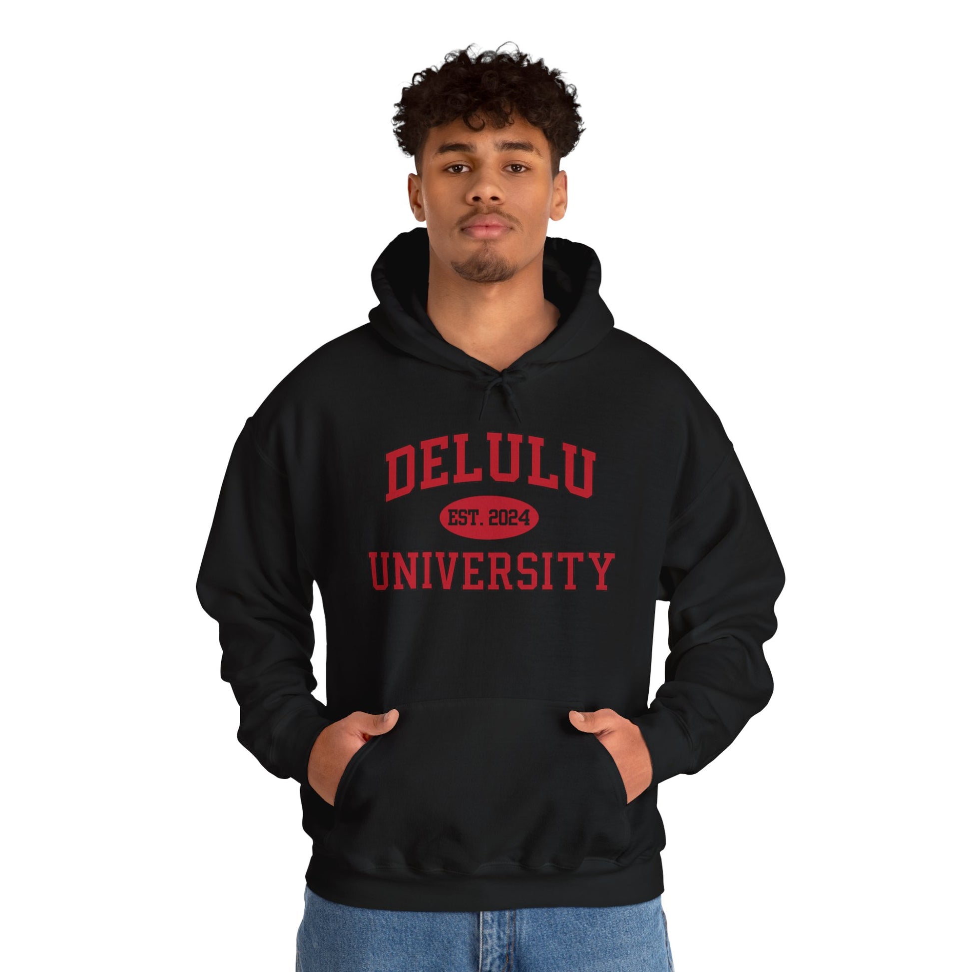 Delulu University Hoodie – Enroll in Chaos, Graduate in Vibes, featuring a lighthearted college spirit in this funny college hoodie.