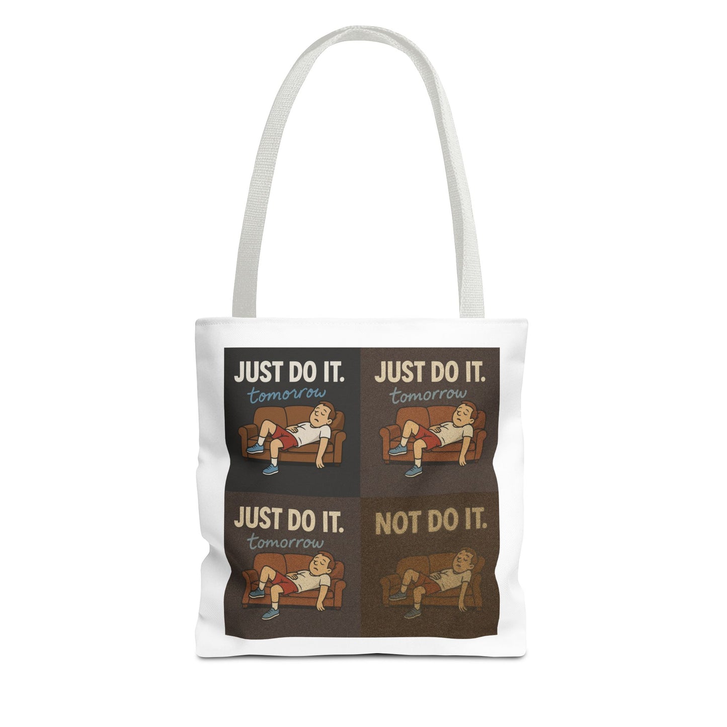 Side view of 'Just Do It… Tomorrow' tote bag embracing procrastination.