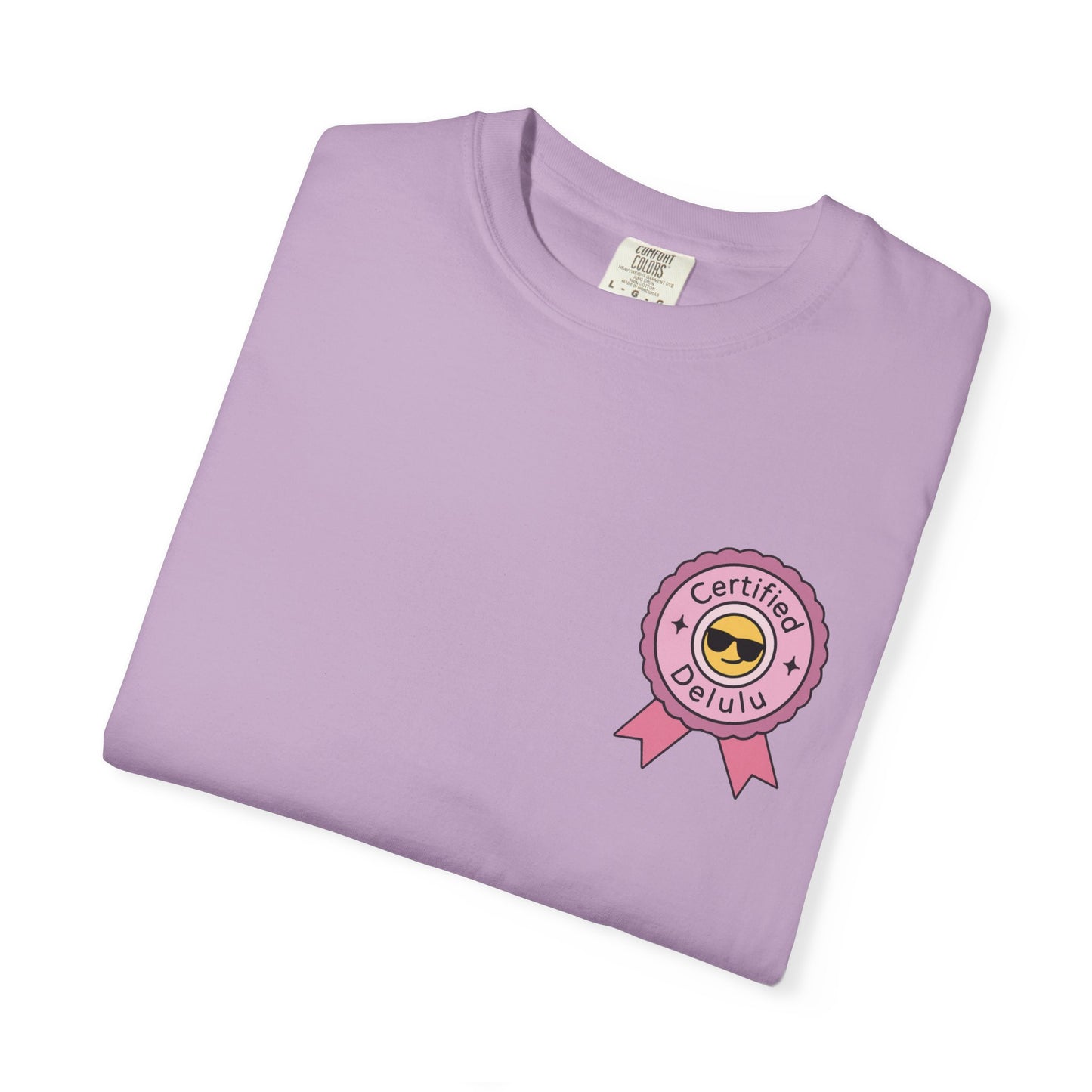 Visual celebration of the Certified Delulu Badge Comfort Tee worn during a playful outing, perfect for a day of mild chaos and laughter.