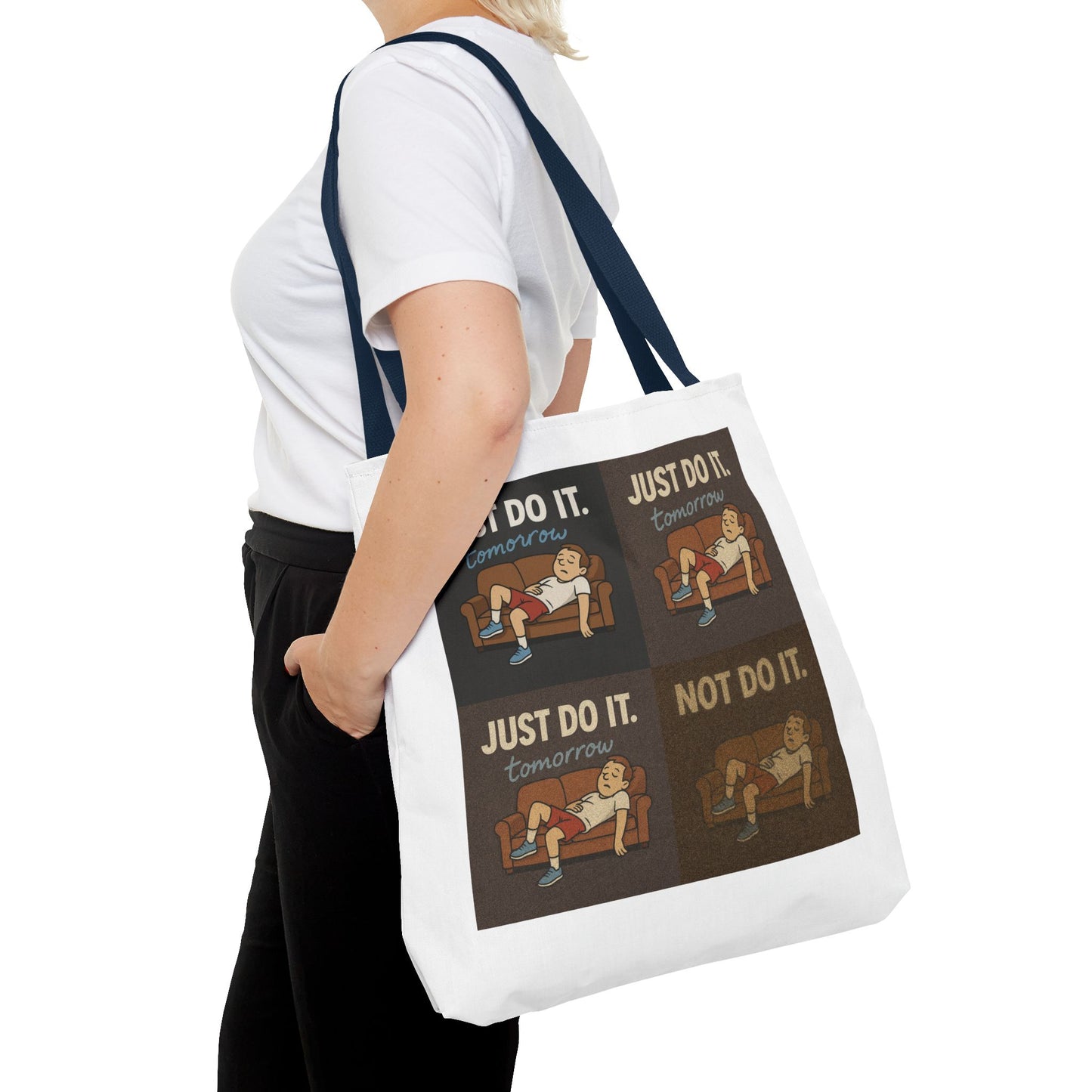 Animations of 'Just Do It… Tomorrow' tote bag against a vibrant backdrop.
