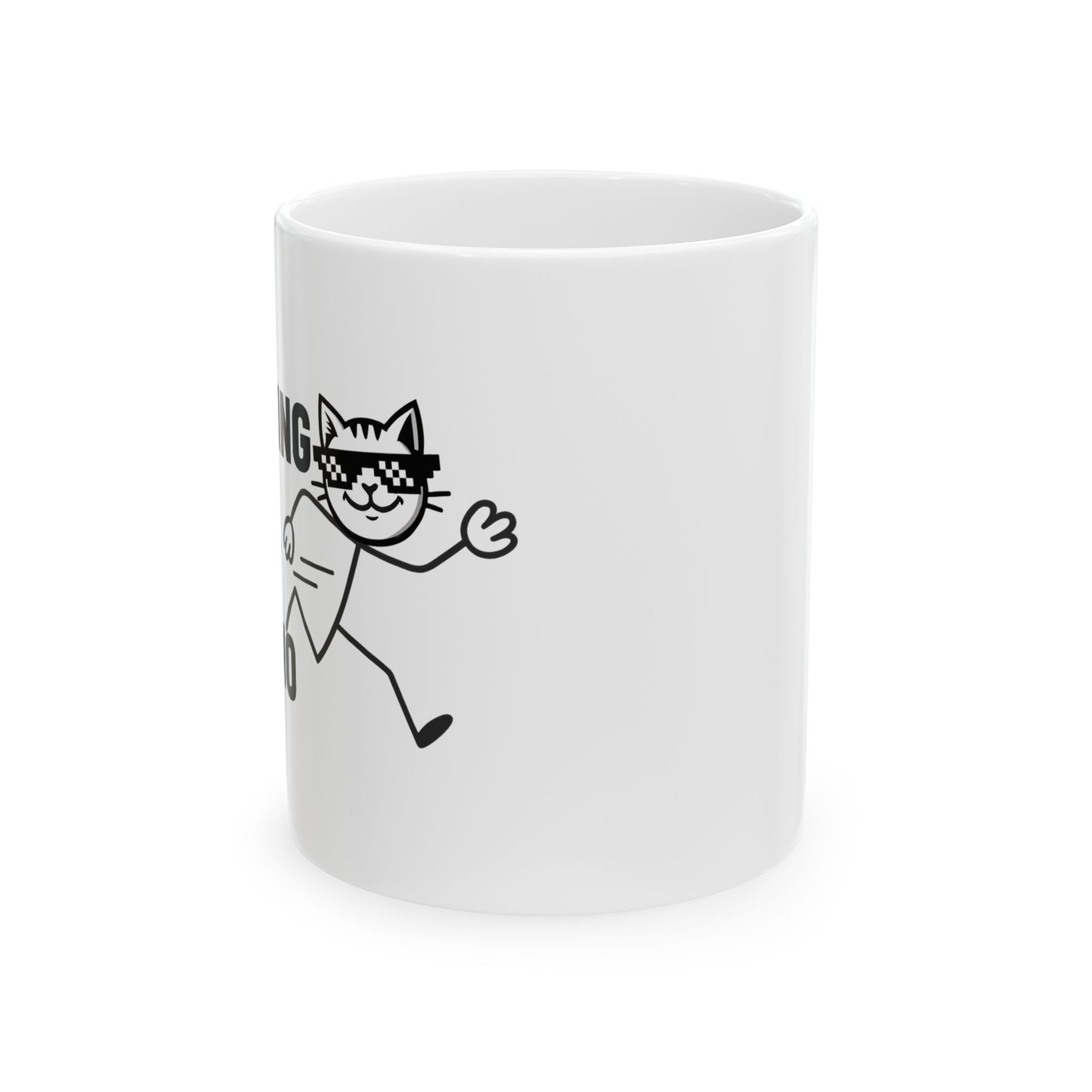 Running cat icon on the front of Lateness Brew – The Official Mug of Delayed Greatness, a funny coffee mug perfect for your panic latte.